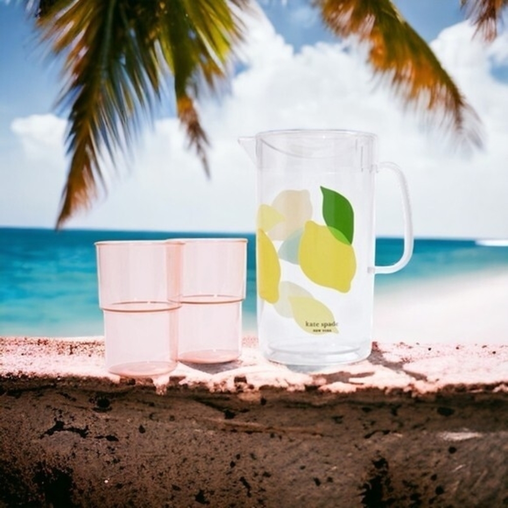 KATE SPADE Acrylic Pitcher & Cups Set Lemon Pattern 58oz Pitcher 2 Tumblers NIB